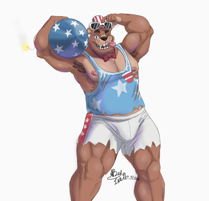 2020 anthro areola armpit_hair barazoku biceps blue_eyes body_hair bottomwear bow_tie bulge clothed clothing eyewear fangs firework_freddy_(fnaf) fireworks five_nights_at_freddy's five_nights_at_freddy's_ar flexing_bicep flexing_muscles freddy_(fnaf) fuse glasses hair hat headgear headwear hi_res holding_object inkart_flow looking_at_viewer male mammal manly muscular nipples one_eye_closed open_mouth patriotic_clothing pattern_clothing pattern_hat pattern_headgear pattern_headwear pecs pink_tongue raised_arm round_ears sharp_teeth shirt shorts simple_background smile smoke solo standing star striped_clothing striped_hat striped_headgear striped_headwear striped_top_hat stripes tank_top teeth thick_thighs tongue tongue_out top_hat topwear torn_clothing triceps ursid video_games white_background