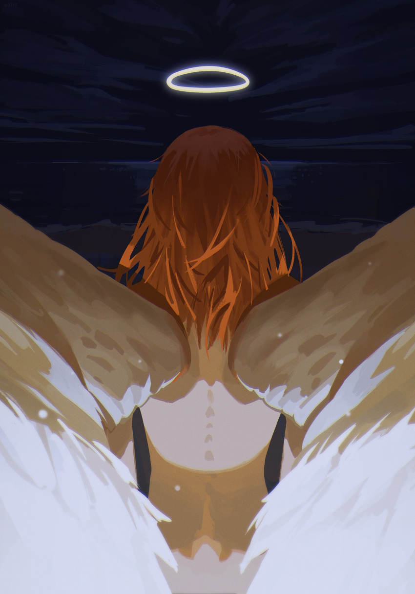 1boy absurdres androgynous angel_devil_(chainsaw_man) angel_wings chainsaw_man commentary feathered_wings from_behind halo highres male_focus medium_hair nude orange_hair skinny solo spine upper_body uqi32 wings