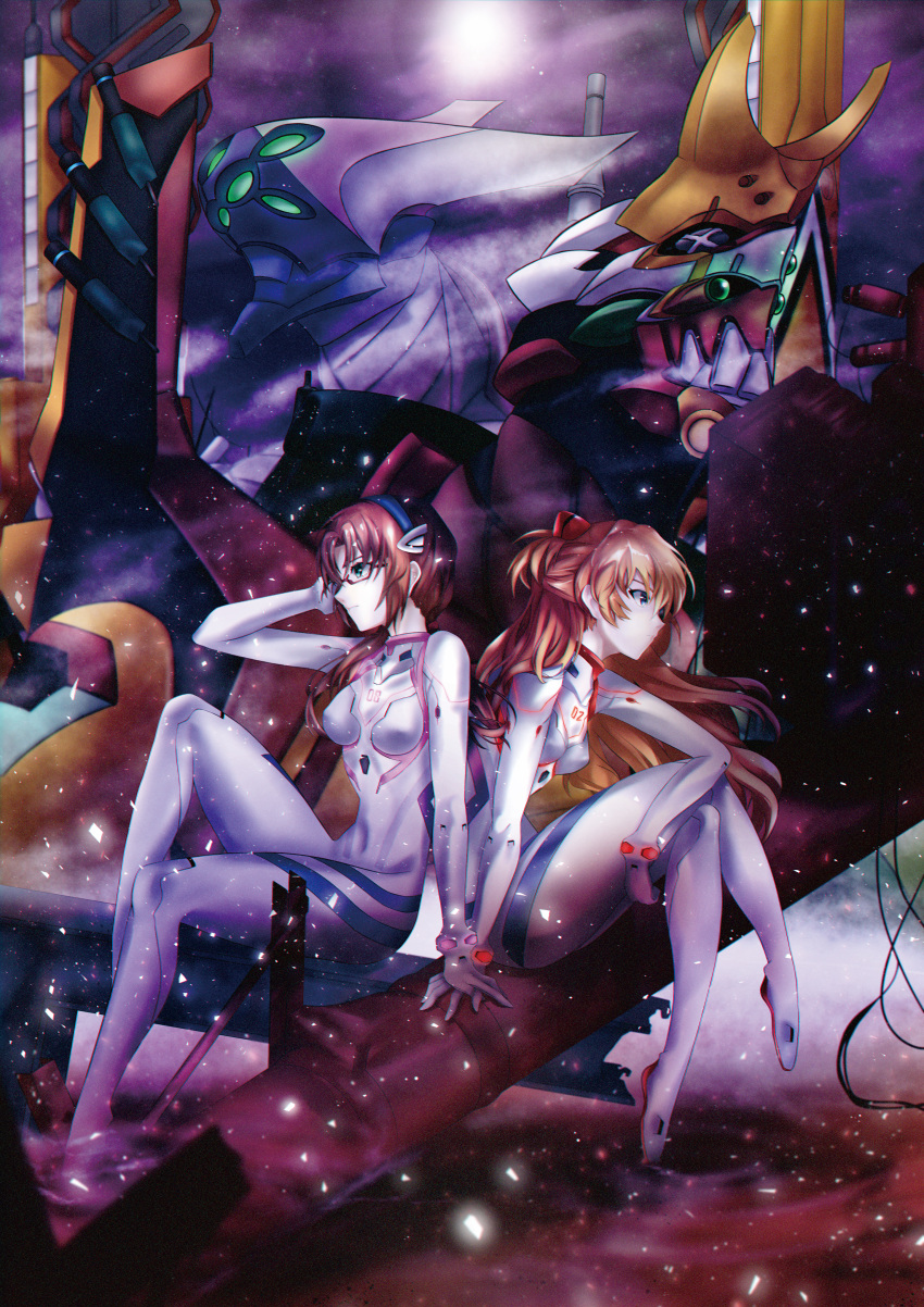 2girls @shun absurdres blue_eyes bodysuit brown_hair eva_02 eva_08 evangelion:_3.0+1.0_thrice_upon_a_time green_eyes highres huge_filesize long_hair makinami_mari_illustrious mecha multiple_girls neon_genesis_evangelion orange_hair plugsuit rebuild_of_evangelion skin_tight souryuu_asuka_langley twintails white_bodysuit