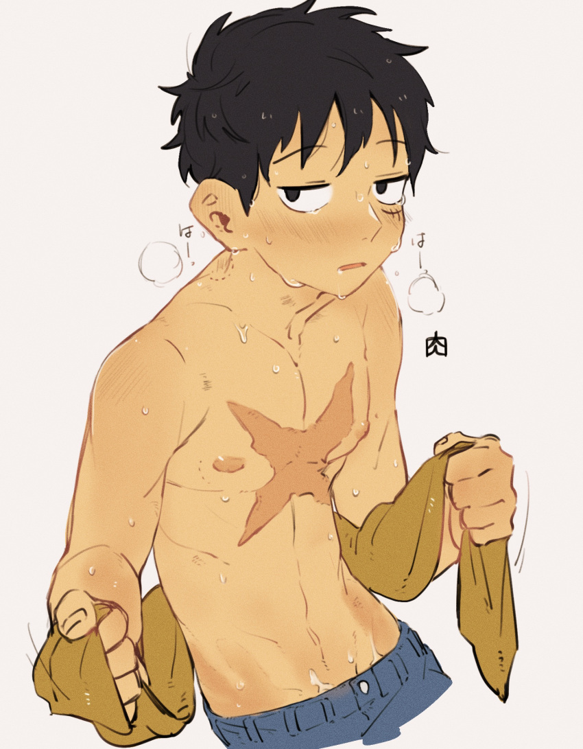 1boy akr29 bite_mark bite_mark_on_neck black_eyes black_hair blush cropped_legs drying drying_body grey_background half-closed_eyes handprint highres holding holding_towel looking_at_viewer male_focus monkey_d._luffy nipples one_piece parted_lips puff_of_air scar scar_on_cheek scar_on_chest scar_on_face short_hair simple_background solo topless_male towel wet wet_hair