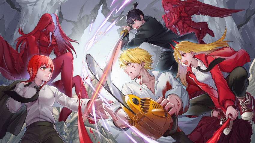 2boys 4girls absurdres black_hair black_necktie black_suit blonde_hair blood blood_on_clothes blood_on_face blue_eyes breasts chainsaw chainsaw_man chinese_commentary commentary_request cross-shaped_pupils denji_(chainsaw_man) foreshortening grin hayakawa_aki hemokinesis highres holding holding_chainsaw holding_clothes holding_jacket holding_sword holding_weapon jacket katana kiunchiku long_hair makima_(chainsaw_man) medium_breasts multiple_boys multiple_girls necktie open_mouth power_(chainsaw_man) red_eyes red_jacket ringed_eyes sidelocks smile suit sword symbol-shaped_pupils topknot weapon yellow_eyes