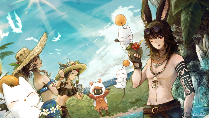 1boy 2girls animal_ears arm_tattoo belt bikini bird black_bikini black_hair black_headwear black_shorts blue_bikini blue_eyes bow bowtie bracelet cloud cloudy_sky coconut_cup crystal cup dappled_sunlight drinking_straw eyewear_on_head final_fantasy final_fantasy_xiv flower_in_drink foliage gloves hat highres holding holding_cup island jewelry looking_at_another looking_at_viewer miqo'te moogle multiple_girls multiple_necklaces nail_polish one_eye_closed partially_fingerless_gloves pointy_ears ponytail rabbit_ears red_bow red_bowtie red_eyes robot shorts signature sky smile straw_hat sunglasses sunlight swimsuit tattoo teaka tongue tongue_out topless_male viera
