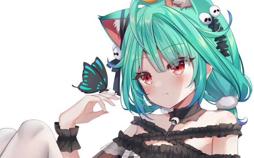 1girl ahoge animal_ears blush brooch bug butterfly butterfly_on_hand cat_ears detached_collar dress ear_ribbon expressionless frown green_hair hair_ornament heart heart_in_eye hololive ikazu401 jewelry knees_up long_hair low_twintails multicolored_hair off-shoulder_dress off_shoulder official_alternate_costume pantyhose red_eyes sitting skull skull_brooch solo symbol_in_eye twintails uruha_rushia uruha_rushia_(3rd_costume) virtual_youtuber wrist_cuffs