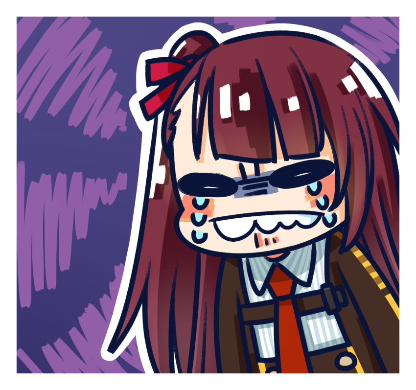 1girl black_jacket blush chibi chinese_commentary commentary_request crying girls'_frontline gloom_(expression) hair_ribbon highres jacket long_hair necktie o_o official_art one_side_up purple_background purple_hair red_necktie red_ribbon ribbon shirt simple_background solo su_xiao_jei tears teeth upper_teeth_only very_long_hair wa2000_(girls'_frontline) white_shirt