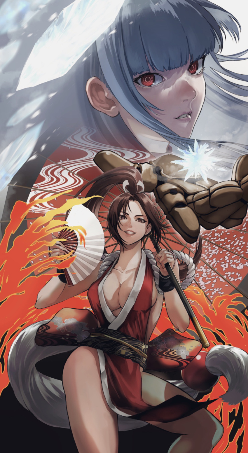 2girls arm_guards blue_hair blunt_bangs breasts brown_eyes brown_hair cleavage collarbone fatal_fury fire gauss_&lt;bokashi gloves hand_fan high_ponytail highres holding holding_fan holding_umbrella ice kula_diamond large_breasts long_hair looking_at_viewer multiple_girls pelvic_curtain red_eyes revealing_clothes shiranui_mai smile the_king_of_fighters thighs umbrella