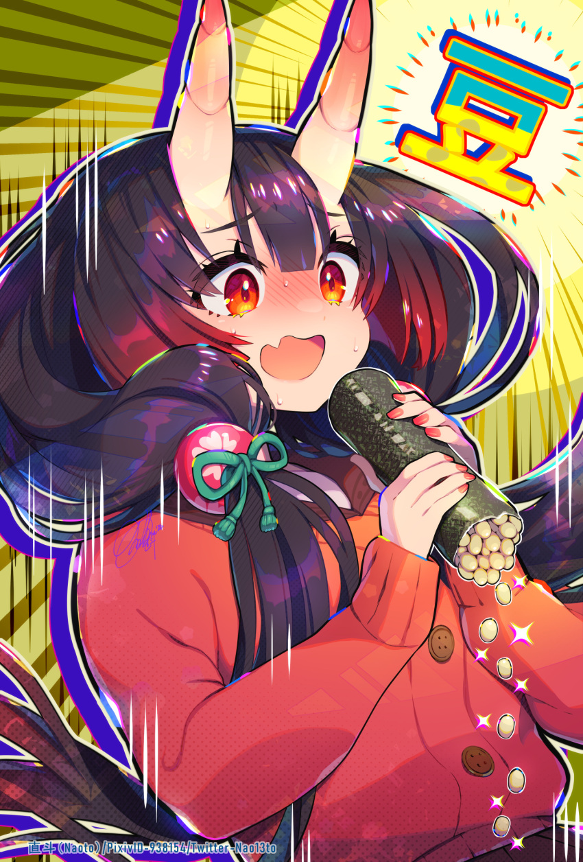 1girl bangs beans black_hair blunt_bangs blush buttons colored_shadow commentary drop_shadow ehoumaki fang food gradient_hair highres holding holding_food horns long_hair long_sleeves low-tied_long_hair makizushi multicolored_hair nail_polish naoto_(yandereheaven) oni oni_horns open_mouth original red_eyes red_hair red_nails red_sweater setsubun shadow shiny shiny_hair signature skin-covered_horns skin_fang solo sparkle sunburst surprised sushi sweat sweater upper_body watermark