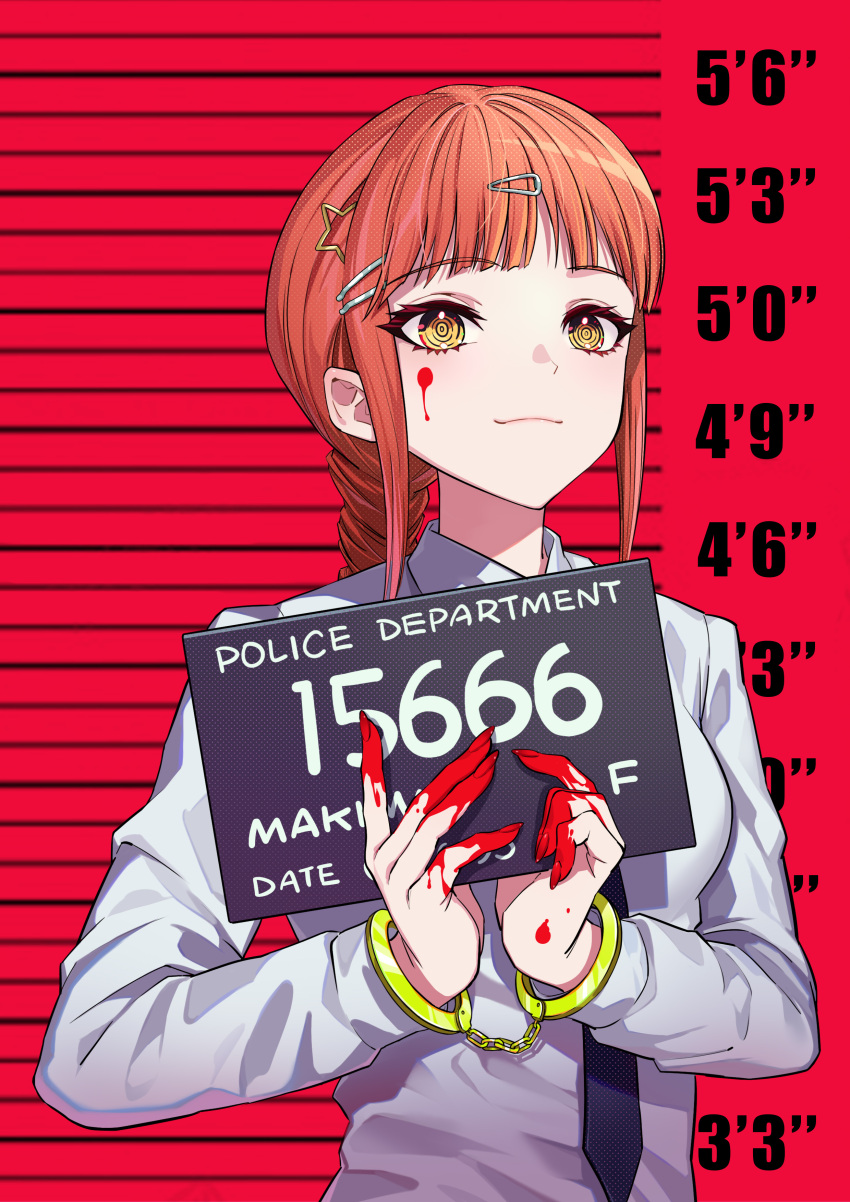 1girl absurdres barbie_mugshot_(meme) black_necktie blood blood_on_face blood_on_hands braid braided_ponytail breasts chainsaw_man commentary cuffs hair_ornament hairclip handcuffs height_chart highres holding holding_sign kiunchiku makima_(chainsaw_man) medium_breasts meme mugshot necktie red_background red_hair ringed_eyes sidelocks sign single_braid smile solo yellow_eyes