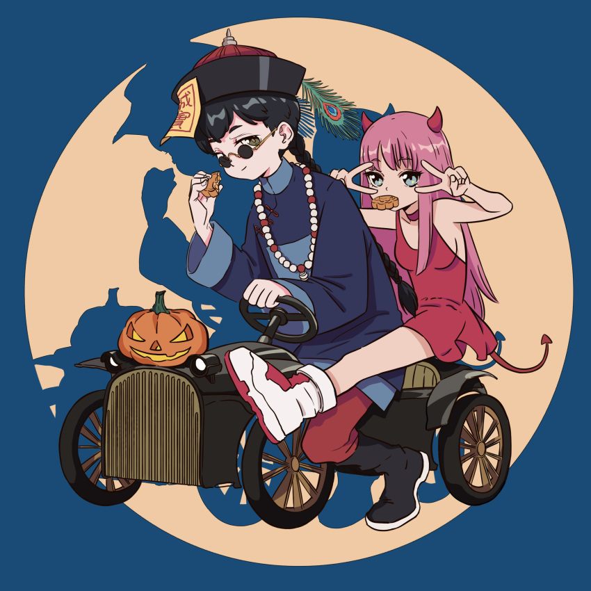 1boy 1girl absurdres bead_necklace beads black_hair boots braid car chinese_clothes choker demon_girl demon_horns demon_tail double_v dress food grey_eyes hat hat_feather highres holding holding_food horns jack-o'-lantern jewelry kiunchiku long_hair motor_vehicle mouth_hold necklace ofuda original pink_hair qingdai_guanmao red_choker red_dress red_horns riding single_braid smile spotlight steering_wheel sunglasses tail v