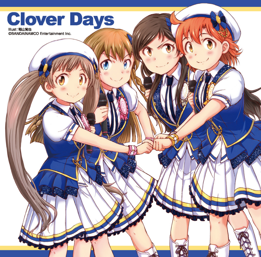 4girls ahoge album_cover artist_name beret blue_bow blue_eyes blue_necktie blue_vest blush boots bow braid brown_hair closed_mouth collared_shirt company_name copyright_notice cover cross-laced_footwear eyelashes fist_bump frilled_skirt frilled_vest frills gold_trim grey_hair hair_bow hakozaki_serika hat highres idol idol_clothes idolmaster idolmaster_million_live! idolmaster_million_live!_theater_days inayama_kakuya kitazawa_shiho knee_boots kousaka_umi lace-up_boots lone_nape_hair long_hair looking_at_viewer looking_to_the_side multiple_girls necktie official_art orange_hair pink_wrist_cuffs pleated_skirt puffy_short_sleeves puffy_sleeves purple_wrist_cuffs shirt short_hair short_sleeves side_braids skirt smile song_name standing striped_necktie striped_wrist_cuffs twin_braids twintails vest white_background white_footwear white_headwear white_shirt white_skirt wrist_cuffs yabuki_kana yellow_eyes yellow_wrist_cuffs
