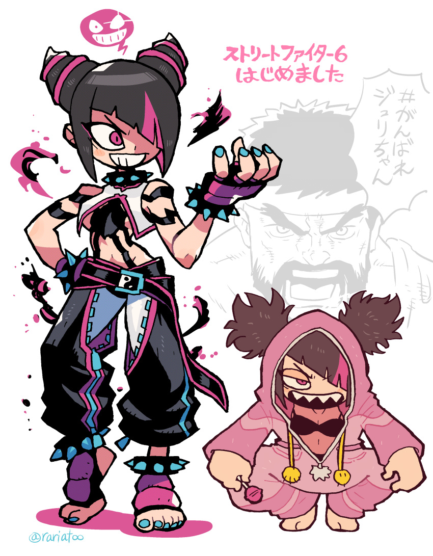 1boy 1girl absurdres angry asymmetrical_hair baggy_pants barefoot beard black_hair bra bracelet candy collar collarbone drill_hair facial_hair fingerless_gloves food gloves hair_horns hair_over_one_eye han_juri hand_on_own_hip headband highres jewelry lollipop looking_at_viewer messy multicolored_hair nail_polish navel official_alternate_costume open_mouth panties_over_leggings pants pink_eyes rariatto_(ganguri) ryu_(street_fighter) shadow sharp_teeth smile spiked_anklet spiked_bracelet spiked_collar spikes spoken_emoji squatting street_fighter street_fighter_6 teeth thick_eyebrows toeless_legwear toenail_polish toenails translated twin_drills twitter_username two-tone_hair underwear white_background yin_yang