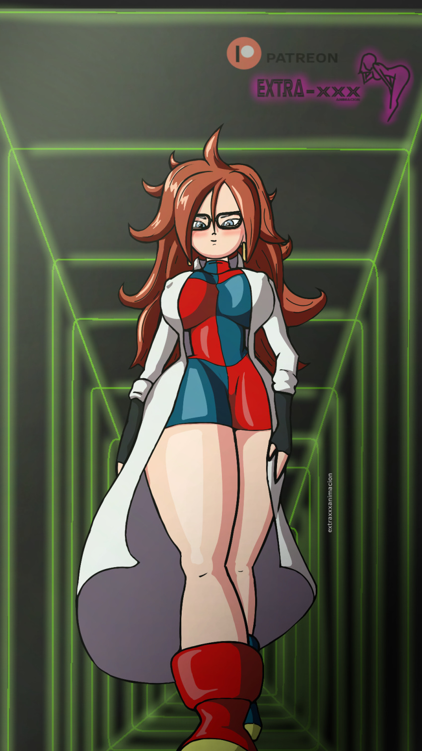 1girl android_21 blue_eyes breasts brown_hair covered_nipples doctor dragon_ball dragon_ball_super dress extraxxxanimacion glasses highres large_breasts legs long_hair long_legs mature_female miniskirt patreon_logo patreon_username short_dress skirt solo third-party_source