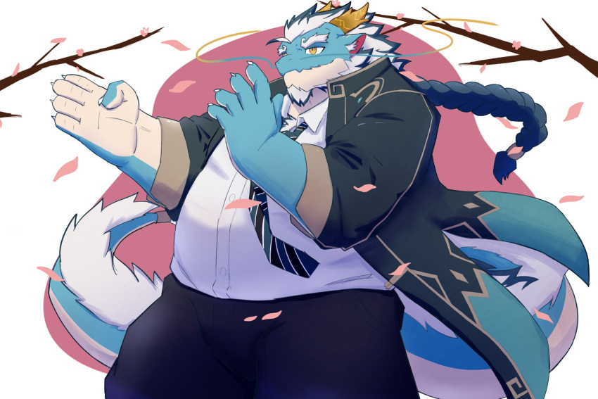 anthro belly blue_body cherry_blossom chinese_zodiac facial_hair fighting_pose hi_res horn lifewonders littleradesu male mature_male necktie new_year_2024 overweight plant pose qinglong solo tokyo_afterschool_summoners year_of_the_dragon