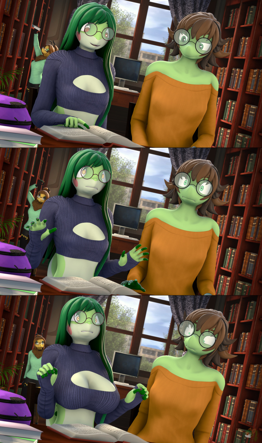 3d_(artwork) absurd_res amphibian antennae_(anatomy) anthro arthropod bee breast_envy breast_expansion breasts cleavage_cutout clothing digital_media_(artwork) donglysfm expansion eyewear female flat_chested frog glasses group hi_res hymenopteran insect inside jade_(donglysfm) kelli_(donglysfm) lily_springtail_(donglysfm) lizard neck_tuft nerd reptile revamped_anthros scalie source_filmmaker sweater topwear trio tuft