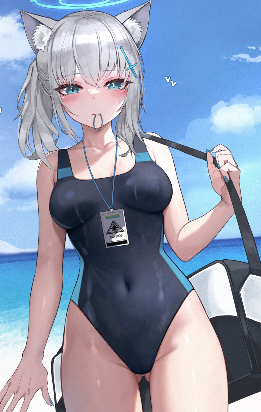 1girl animal_ear_fluff animal_ears ass_visible_through_thighs bare_shoulders beach black_one-piece_swimsuit blue_archive blue_eyes blue_nails blush breasts collarbone competition_swimsuit covered_navel cross_hair_ornament extra_ears grey_hair hair_ornament halo highleg highleg_swimsuit highres kkato looking_at_viewer medium_breasts medium_hair mismatched_pupils mouth_hold official_alternate_costume one-piece_swimsuit one_side_up shiroko_(blue_archive) shiroko_(swimsuit)_(blue_archive) solo swimsuit thighs wolf_ears