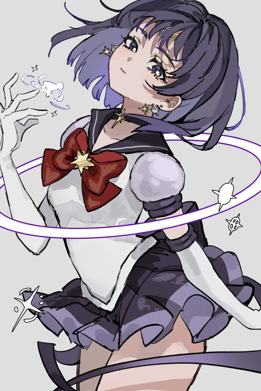 1girl back_bow bishoujo_senshi_sailor_moon bow brooch choker closed_mouth commentary earrings elbow_gloves gloves grey_background highres inu_totemo jewelry looking_at_viewer magical_girl puffy_short_sleeves puffy_sleeves purple_eyes purple_sailor_collar purple_skirt red_bow sailor_collar sailor_saturn sailor_senshi_uniform short_hair short_sleeves skirt solo sparkle star_(symbol) star_brooch star_choker white_gloves