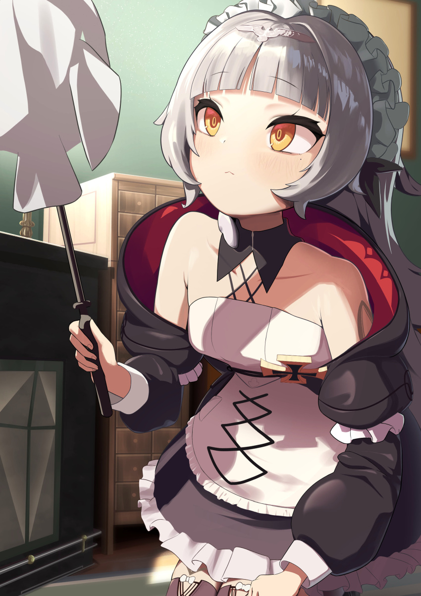 1girl :&lt; absurdres alternate_costume apron azur_lane black_bow black_dress black_thighhighs blunt_bangs bow chun_koro closed_mouth cross dress duster enmaided feather_duster frilled_dress frills grey_hair hair_bow headpiece highres holding holding_duster iron_cross kneeling long_hair maid maid_apron maid_headdress official_alternate_costume solo thighhighs very_long_hair white_apron white_bow yellow_eyes z46_(azur_lane) z46_(chronicles_of_the_dust_wars)_(azur_lane)