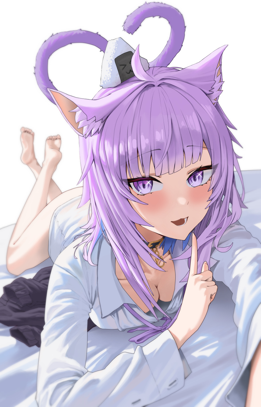 1girl absurdres ahoge animal_ear_fluff animal_ears barefoot black_collar blush breasts cat_ears cat_girl cat_tail cleavage collar feet finger_to_mouth heart heart_tail highres hololive jacket large_breasts looking_at_viewer lying medium_hair naked_shirt nekomata_okayu nekomata_okayu_(4th_costume) official_alternate_costume on_stomach onigirya_(nekomata_okayu) open_mouth purple_eyes purple_hair purple_jacket s.jeti shirt smile tail unworn_jacket virtual_youtuber white_shirt