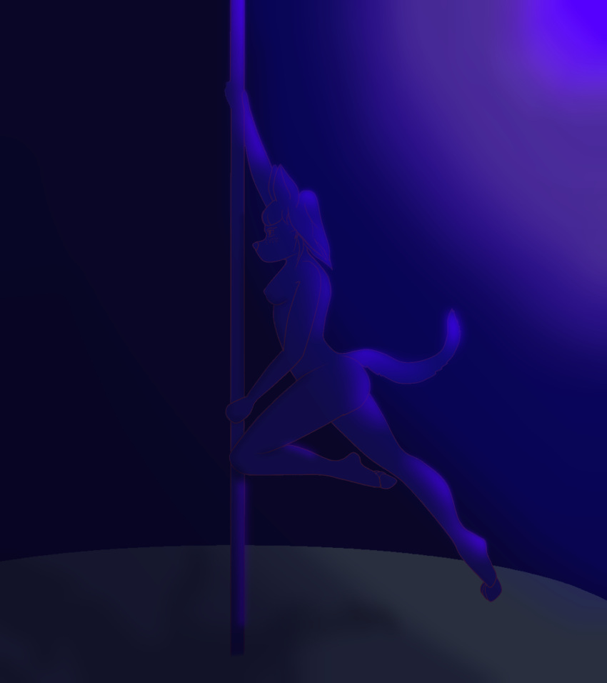 anthro breasts butt canid canine canis dancing digital_media_(artwork) domestic_dog female fur hair hi_res mammal nipples nude pole pole_dancing simple_background sky-rouge solo stripper stripper_pole tail