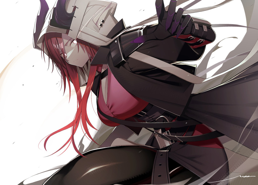 1girl arknights ascalon_(arknights) backlighting black_coat black_gloves black_pantyhose black_skirt breasts cleavage coat commentary commission demon_horns empty_eyes frown glaring gloves highres horns horns_through_hood large_breasts long_hair looking_at_viewer pantyhose red_hair red_shirt shirt signal_1120 simple_background skeb_commission skirt solo two-sided_coat two-sided_fabric white_background white_coat white_eyes