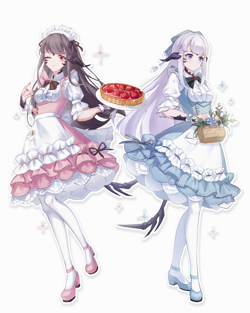 2girls absurdres apron au_ra basket blue_dress blue_eyes blue_flower blue_footwear brown_hair dragon_horns dragon_tail dress eyebrows_hidden_by_hair final_fantasy final_fantasy_xiv flower flower_basket food frilled_dress frills full_body hair_ribbon heterochromia highres holding holding_basket holding_plate horns long_hair looking_at_viewer looking_to_the_side maid maid_apron maid_headdress mianyue_qianyu multiple_girls one_eye_closed pantyhose pie pink_dress pink_eyes pink_footwear plate purple_eyes ribbon scales scrunchie sparkle standing standing_on_one_leg tail warrior_of_light_(ff14) white_background white_pantyhose wrist_scrunchie