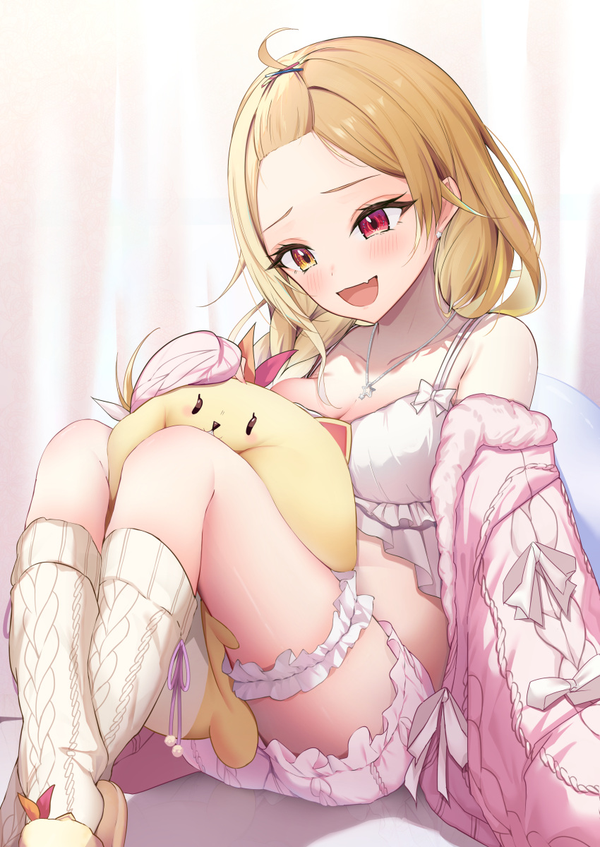 1girl :d absurdres bare_shoulders between_legs blonde_hair braid braided_ponytail breasts bridal_garter commentary_request equal_(heartstrings) fang hair_over_shoulder heterochromia highres hoshikawa_sara hoshikawa_sara_(7th_costume) jewelry knees_up long_hair long_sleeves medium_breasts necklace nijisanji off_shoulder open_mouth ponytail red_eyes sitting skin_fang slippers smile socks solo star_(symbol) star_necklace virtual_youtuber white_socks yellow_eyes