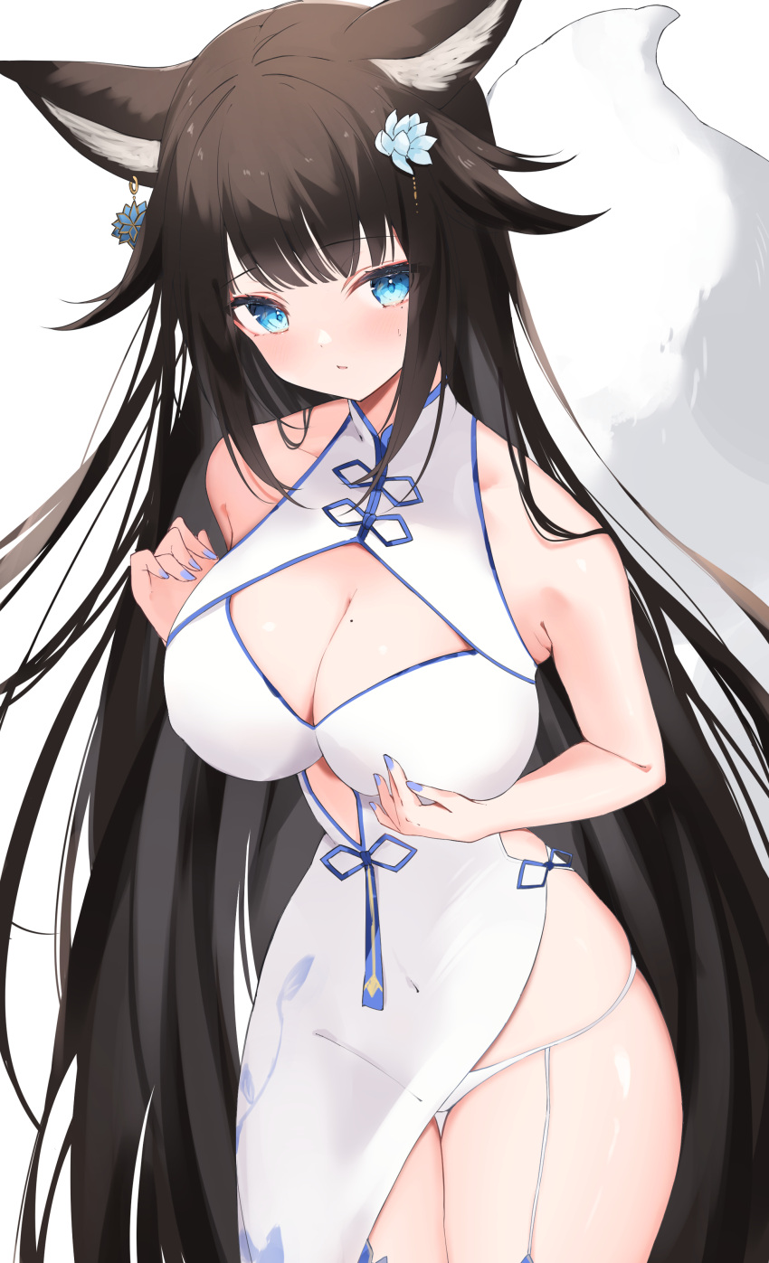 1girl absurdres animal_ears blue_eyes blue_flower blue_nails breasts brown_hair chinese_clothes cleavage cleavage_cutout clothing_cutout dress flower fox_ears fox_girl fox_tail highres indie_virtual_youtuber large_breasts long_dress long_hair okomeillust sakae_izumi side_slit sleeveless sleeveless_dress solo tail very_long_hair virtual_youtuber white_dress
