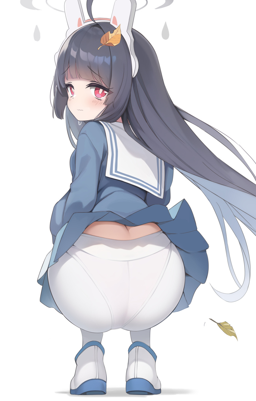 1girl absurdres animal_ears ass black_hair blue_archive blue_shirt blue_skirt blunt_bangs bright_pupils clothes_lift fake_animal_ears from_behind highres leaf leaf_on_head long_hair looking_at_viewer looking_back miyu_(blue_archive) panties panties_under_pantyhose pantyhose rabbit_ears red_eyes school_uniform shirt shoes simple_background skirt skirt_lift solo sorozukin squatting tareme underwear white_background white_footwear white_panties wind wind_lift