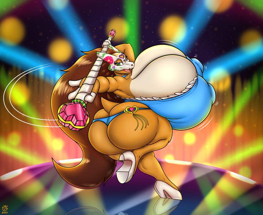 2024 3_fingers absurd_res anthro badgerben big_breasts big_butt biped breasts brown_hair butt candy_(badgerben) clothed clothing cubone dancing female fingers generation_1_pokemon green_eyes hair hi_res holding_scepter huge_breasts looking_at_viewer nintendo nipple_outline open_mouth open_smile pokemon pokemon_(species) pokemorph skimpy smile smiling_at_viewer solo stage white_heels year