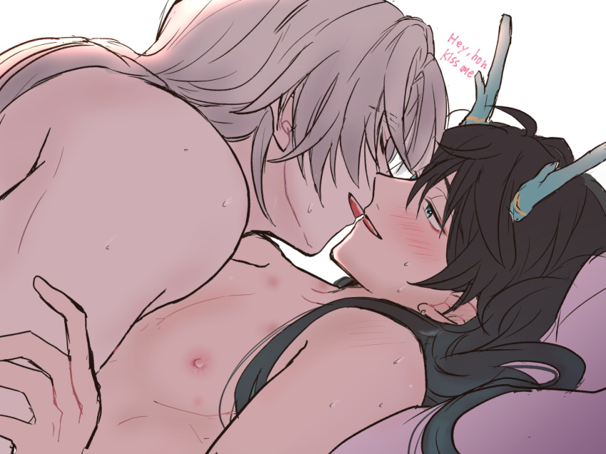 2boys aqua_eyes aqua_horns black_hair blush closed_eyes commentary_request dan_heng_(honkai:_star_rail) dan_heng_(imbibitor_lunae)_(honkai:_star_rail) ear_blush english_text gradient_hair grey_hair hair_down hickey honkai:_star_rail honkai_(series) horn_ornament horns imminent_kiss konosuta long_hair lying lying_on_another multicolored_hair multiple_boys nipples nude on_back on_stomach open_mouth parted_lips profile shoulder_blush simple_background smile sweat teeth upper_teeth_only white_background yaoi yingxing_(honkai:_star_rail)