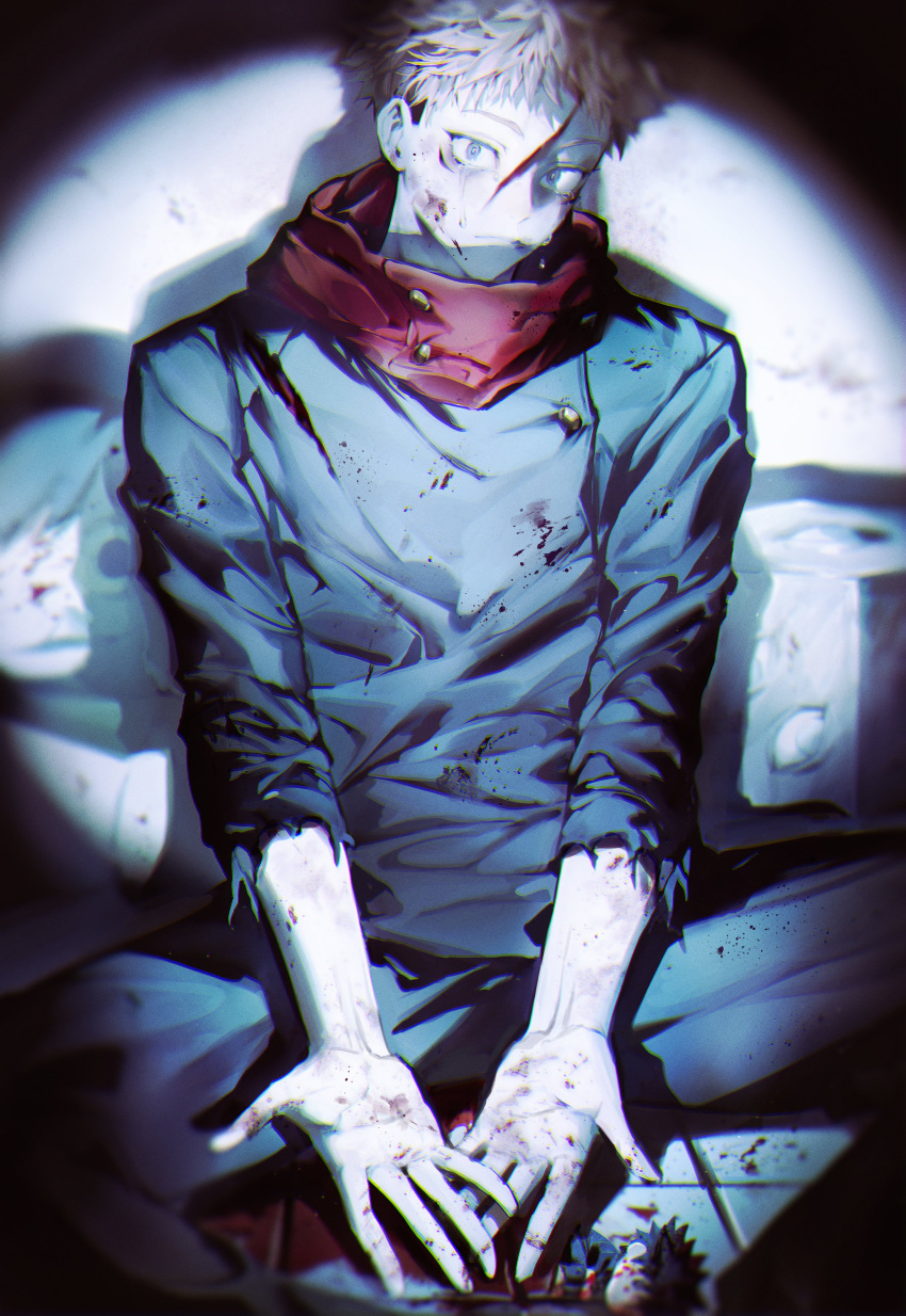 1boy absurdres black_eyes black_jacket black_pants blood blood_on_clothes blood_on_face brown_hair character_doll closed_mouth cowboy_shot fushiguro_megumi highres hood hood_down hoodie itadori_yuuji jacket jujutsu_kaisen jujutsu_tech_uniform looking_at_viewer male_focus mgmg_1012 open_hands pants red_hoodie school_uniform short_hair sitting solo spotlight torn_clothes torn_sleeves