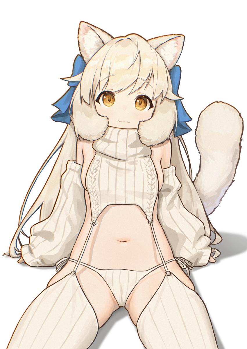 1girl :3 absurdres animal_ears aran_sweater arm_support blue_bow bow breasts cable_knit cat_ears cat_girl cat_tail chack520 character_request copyright_request detached_sleeves garter_straps groin hair_bow highres large_tail lingerie long_hair looking_at_viewer meme_attire navel panties ribbed_panties ribbed_sleeves ribbed_thighhighs side-tie_panties sideboob sitting small_breasts smile solo sweater tail tareme thighhighs turtleneck turtleneck_sweater underwear virgin_destroyer_sweater white_background white_garter_straps white_hair white_panties white_sweater white_thighhighs yellow_eyes