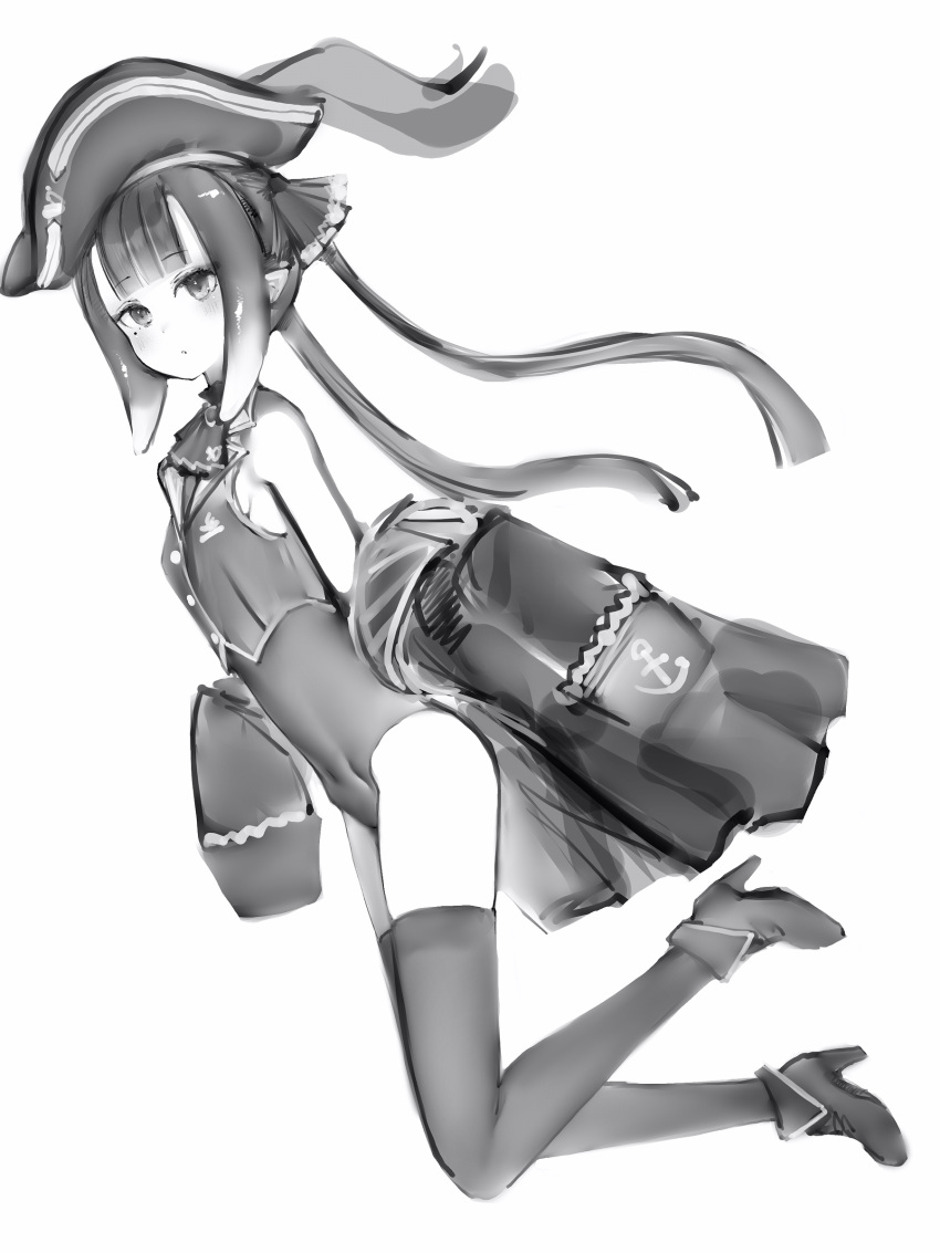 1girl absurdres anchor_symbol ascot bare_shoulders bicorne blunt_bangs cosplay full_body greyscale hat high_heels highres hololive hololive_english houshou_marine houshou_marine_(1st_costume) houshou_marine_(cosplay) jacket leotard leotard_under_clothes long_hair looking_at_viewer mole mole_under_eye monochrome nanashi_(nlo) ninomae_ina'nis off_shoulder pirate_hat pointy_ears simple_background sketch solo thighhighs twintails virtual_youtuber