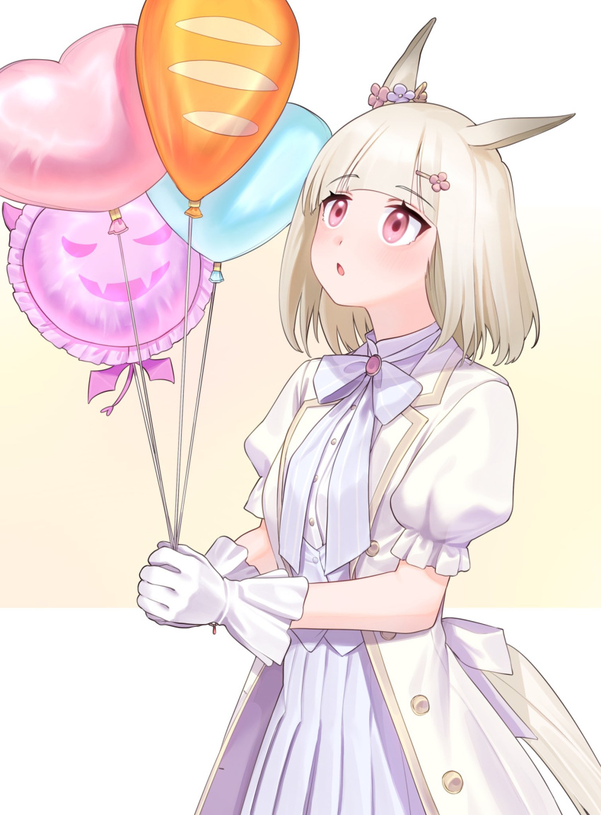 1girl :o animal_ears balloon blush bow bowtie breasts coat gloves hair_ornament hairclip happy_meek_(umamusume) highres holding holding_balloon horse_ears horse_girl horse_tail light_brown_hair open_clothes open_coat pink_bow pink_coat pink_eyes pink_shirt pink_skirt puffy_short_sleeves puffy_sleeves shirt short_hair short_sleeves simple_background skirt small_breasts solo standing tail tamayume two-tone_background umamusume upper_body vest white_gloves