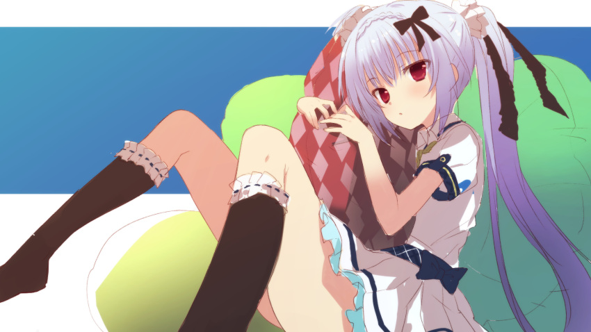 1girl black_bow black_ribbon black_socks blue_background blue_hair blush bow braid commentary crown_braid expressionless eyes_visible_through_hair feet_out_of_frame frilled_skirt frilled_socks frills hair_between_eyes hair_bow hair_ribbon highres holding karumaruka_circle knees_up long_hair looking_at_viewer miniskirt nagesuteaka natsume_koyomi parted_lips puffy_short_sleeves puffy_sleeves red_eyes ribbon school_uniform shirt short_sleeves simple_background sitting sketch skirt socks solo twintails two-tone_background very_long_hair white_background white_shirt white_skirt