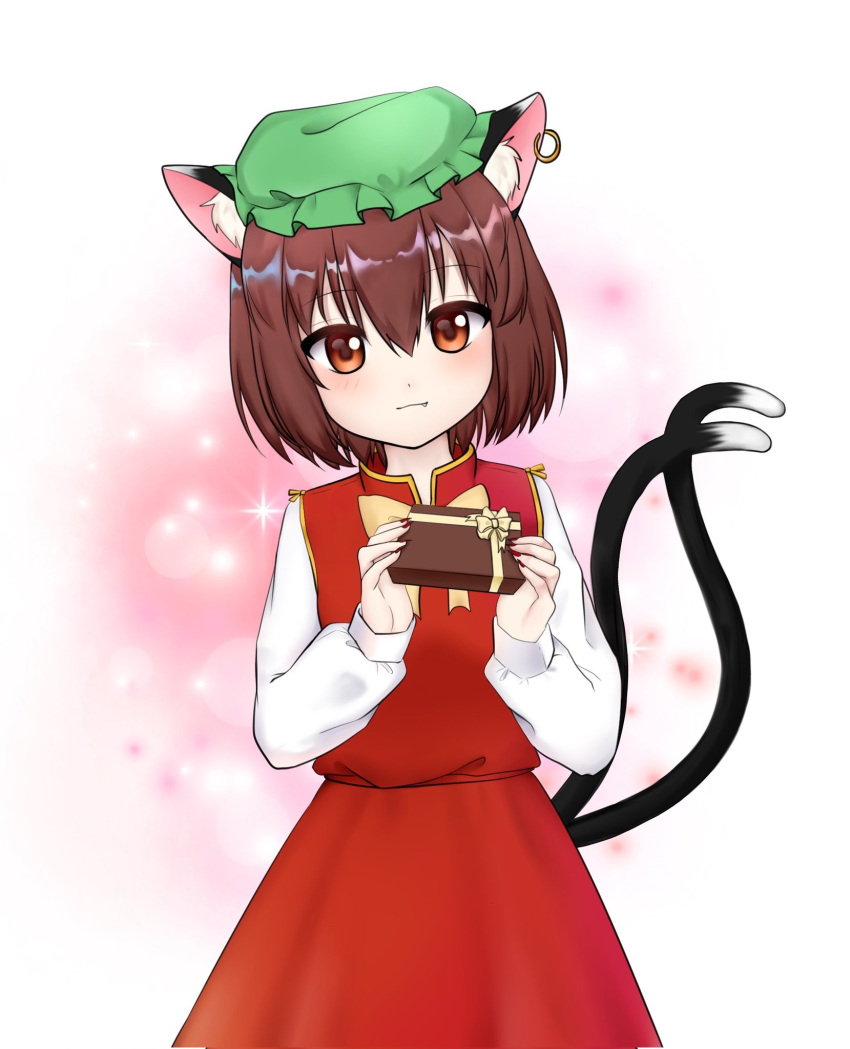 1girl animal_ear_fluff animal_ear_piercing animal_ears bow bowtie box brown_eyes brown_hair cat_ears cat_tail chen commentary_request cowboy_shot earrings fang fang_out gift gift_box gold_trim green_headwear hair_between_eyes hands_up hat head_tilt highres holding holding_box jewelry light_blush light_smile looking_at_viewer mob_cap multiple_tails nail_polish nekomata qi_lang3568 red_nails red_skirt red_vest short_hair simple_background single_earring skirt skirt_set solo sparkle tail touhou two_tails vest white_background yellow_bow yellow_bowtie