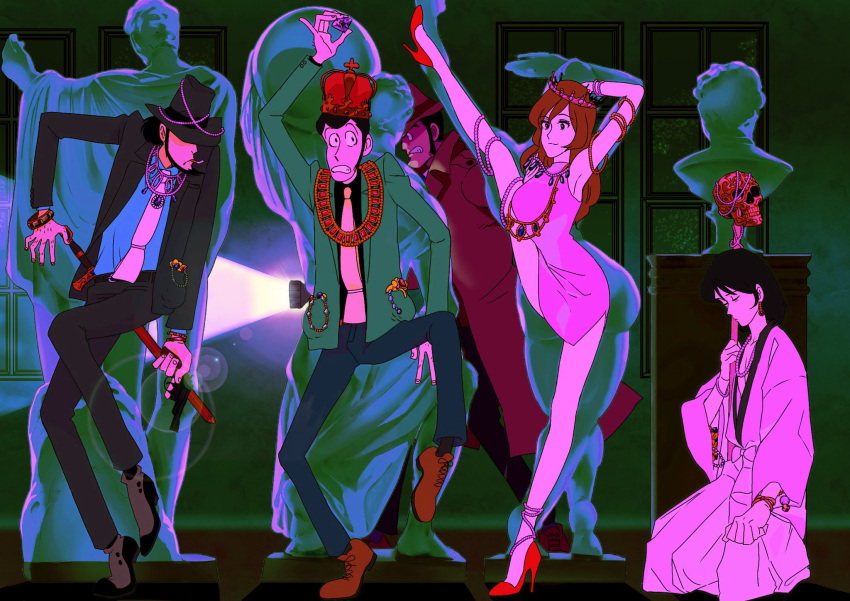 1girl 4boys aqua_shirt arm_up armpits arsene_lupin_iii black_jacket black_pants black_shirt bracelet character_request check_character crown dress flashlight gem green_jacket hat hiding high_heels highres holding_gemstone ishikawa_goemon_xiii jacket jewelry jigen_daisuke leg_up lens_flare lupin_iii mine_fujiko multiple_boys necklace necktie nunti12345 pants pink_dress red_footwear red_headwear shirt shoes standing statue white_neckwear zenigata_kouichi