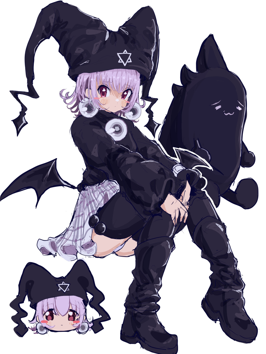 1girl absurdres blush blush_stickers boots creature demon_wings earrings expressionless flipped_hair hat hexagram highres jewelry kuro_unyuu long_sleeves looking_at_viewer low_wings mayura mugi_(mugimugi_9kv) panties pantyshot plaid plaid_skirt purple_eyes purple_hair short_hair sitting skirt star_of_david thigh_boots ukagaka underwear wings