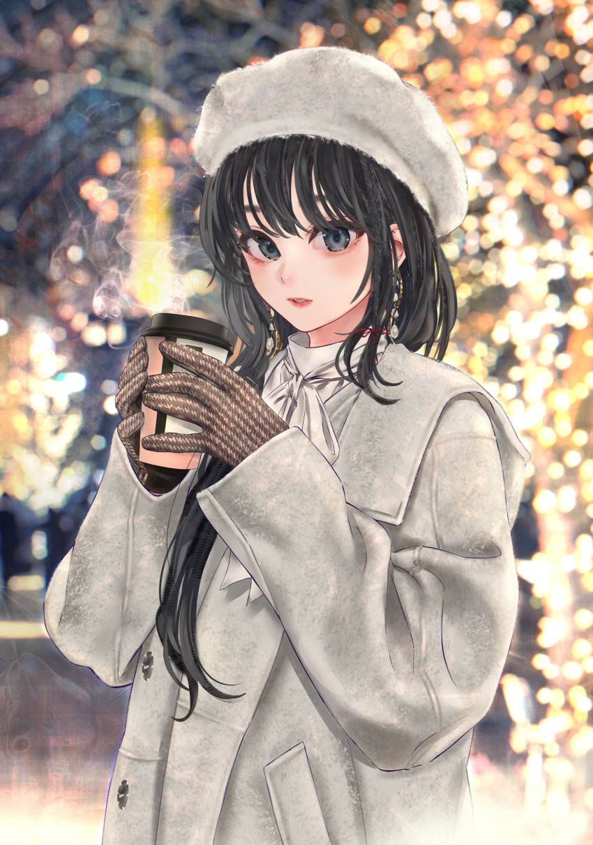 1girl absurdres beret black_hair blue_eyes blurry blurry_background blush coat commentary cup disposable_cup english_commentary gloves hair_over_shoulder hair_ribbon hat highres holding holding_cup lights long_hair looking_at_viewer outdoors parted_lips ponkan_8 red_lips red_ribbon ribbon solo upper_body white_coat white_headwear yahari_ore_no_seishun_lovecome_wa_machigatteiru. yukinoshita_yukino