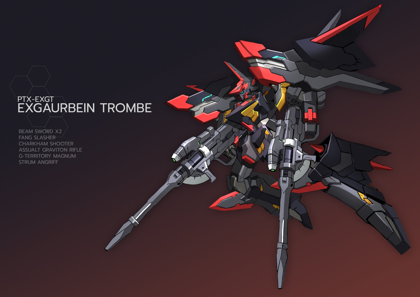 character_name dual_wielding english_commentary exbein fusion gradient_background green_eyes guarlion_trombe gun highres holding holding_gun holding_weapon kadej mecha mechanical_wings no_humans robot science_fiction solo super_robot_wars super_robot_wars_original_generation weapon wings