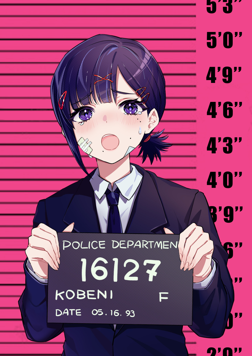 1girl absurdres bandaid bandaid_on_cheek bandaid_on_face barbie_mugshot_(meme) black_hair black_jacket black_necktie black_suit chainsaw_man commentary english_commentary hair_ornament hairclip height_chart higashiyama_kobeni highres holding holding_sign jacket kiunchiku meme mole mole_under_eye mole_under_mouth mugshot multiple_moles necktie open_mouth pink_background purple_eyes short_ponytail sign solo suit tearing_up x_hair_ornament