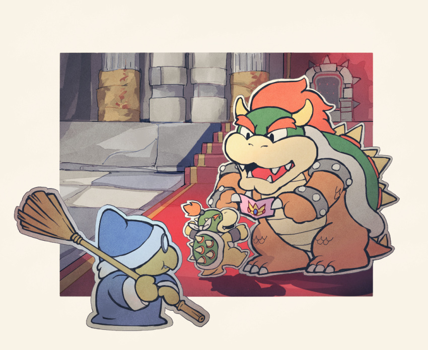 3boys ^_^ armlet arms_up black_eyes blue_headwear blue_robe border bowser bowser_jr. bracelet broom claws closed_eyes closed_mouth commentary_request door fang father_and_son glasses hat holding holding_broom horns indoors jewelry kamek long_sleeves looking_at_another looking_to_the_side mario_(series) multiple_boys opaque_glasses open_mouth outside_border paper_mario paper_mario:_the_origami_king red_hair rfufvas3phbxkxa robe round_eyewear shadow sharp_teeth smile spiked_shell spiked_tail spikes stairs standing studded_armlet studded_bracelet tail teeth turtle_shell v-shaped_eyebrows white_border