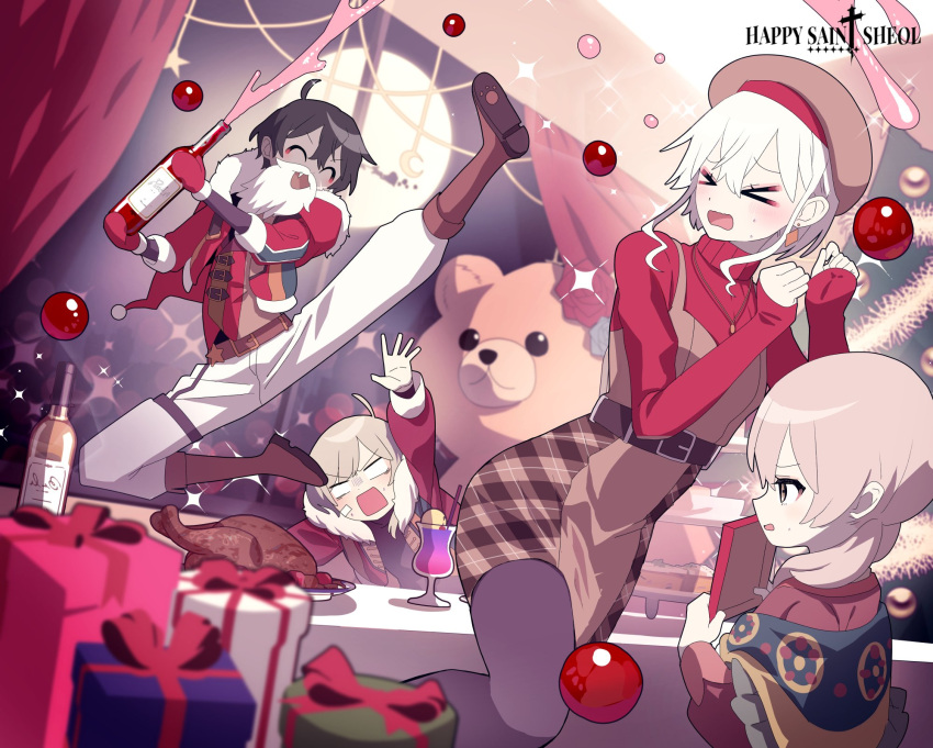 &gt;_&lt; 122pxsheol 2boys 2girls ^_^ ahoge bandaid bandaid_on_face belial_(happy_saint_sheol) beret black_hair boots bottle box christmas christmas_tree closed_eyes d: dark-skinned_male dark_skin evening fang food frown gift gift_box haku_eckaran hand_up happy happy_saint_sheol hat highres maya_elbeth multiple_boys multiple_girls official_alternate_costume official_art pink_hair plaid plaid_skirt profile purple_hair santa_costume securett_rafe sidelocks skirt stuffed_animal stuffed_toy sweater tapestry teddy_bear turkey_(food) turtleneck turtleneck_sweater white_hair wine_bottle