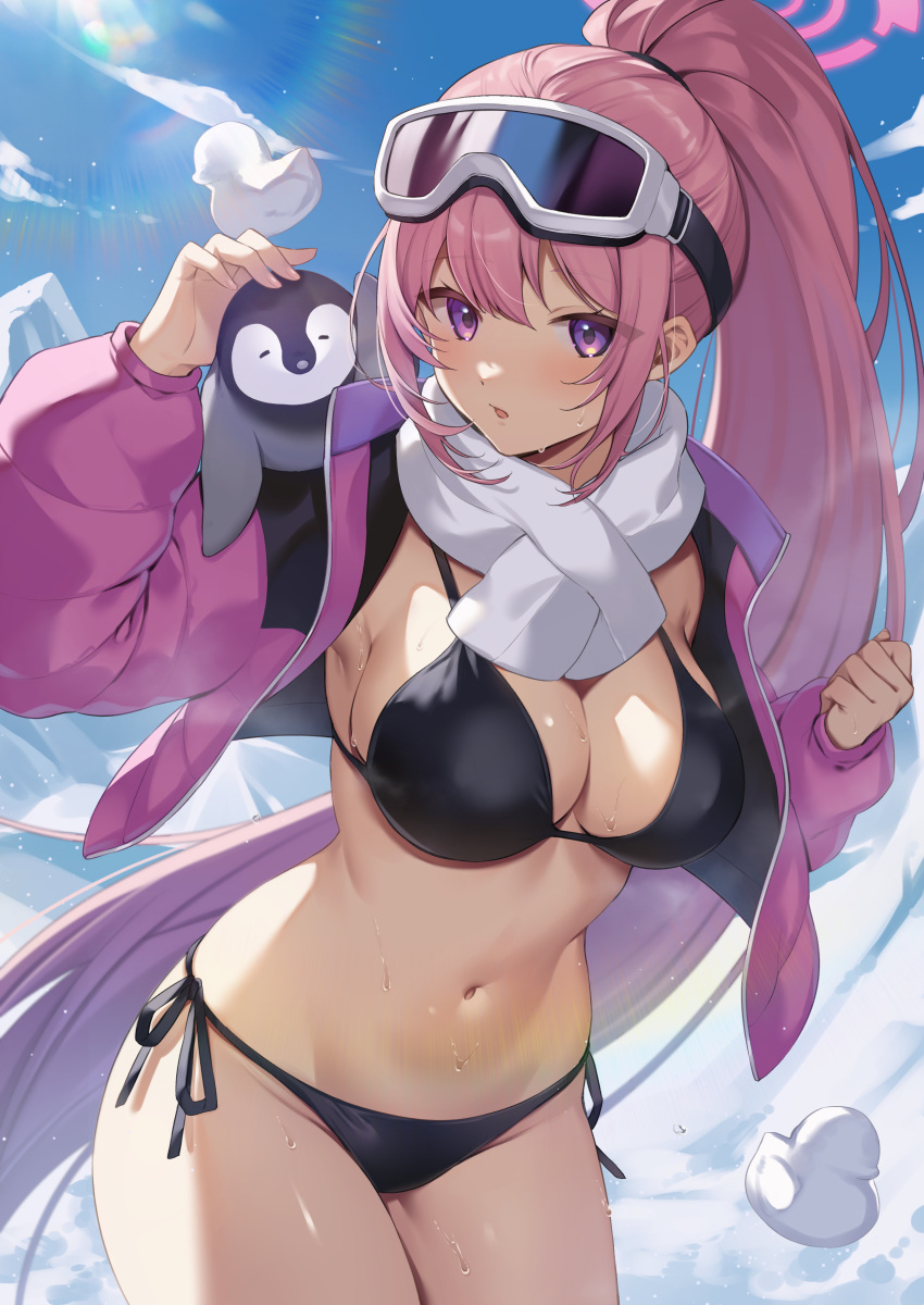 1girl absurdres animal bikini bird black_bikini blue_archive blush breasts citron_82 cowboy_shot eimi_(blue_archive) eimi_(swimsuit)_(blue_archive) goggles goggles_on_head groin halo highres jacket large_breasts long_hair long_sleeves looking_at_viewer navel official_alternate_costume open_clothes open_jacket open_mouth penguin pink_eyes pink_hair pink_halo pink_jacket ponytail scarf solo swimsuit very_long_hair white_scarf