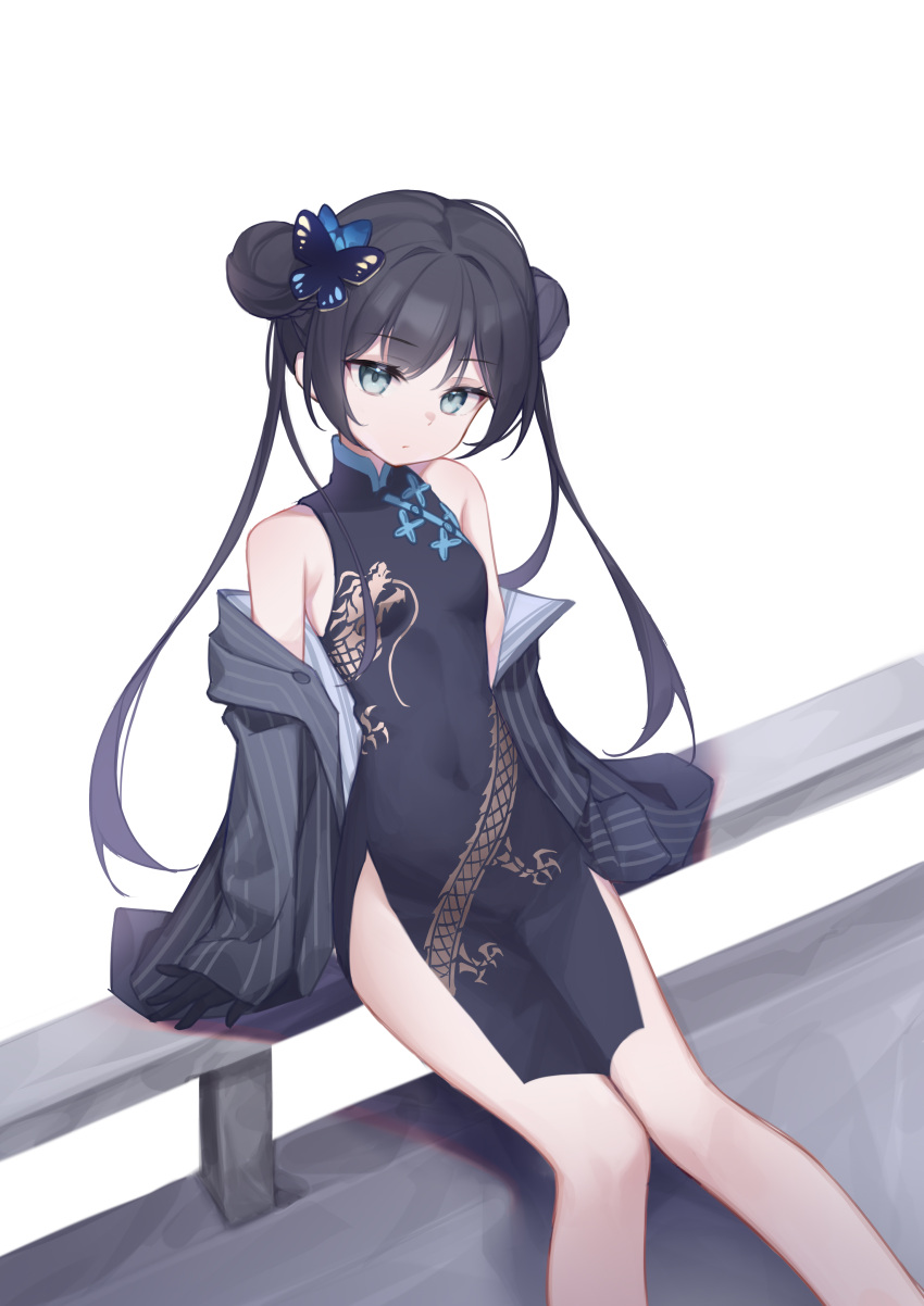 1girl absurdres black_dress black_gloves black_hair blue_archive breasts butterfly_hair_ornament china_dress chinese_clothes coat double_bun dragon_print dress feet_out_of_frame gloves grey_coat grey_eyes hair_bun hair_ornament highres kisaki_(blue_archive) long_hair sitting small_breasts solo striped striped_coat twintails user_sxaf8777 vertical-striped_coat vertical_stripes