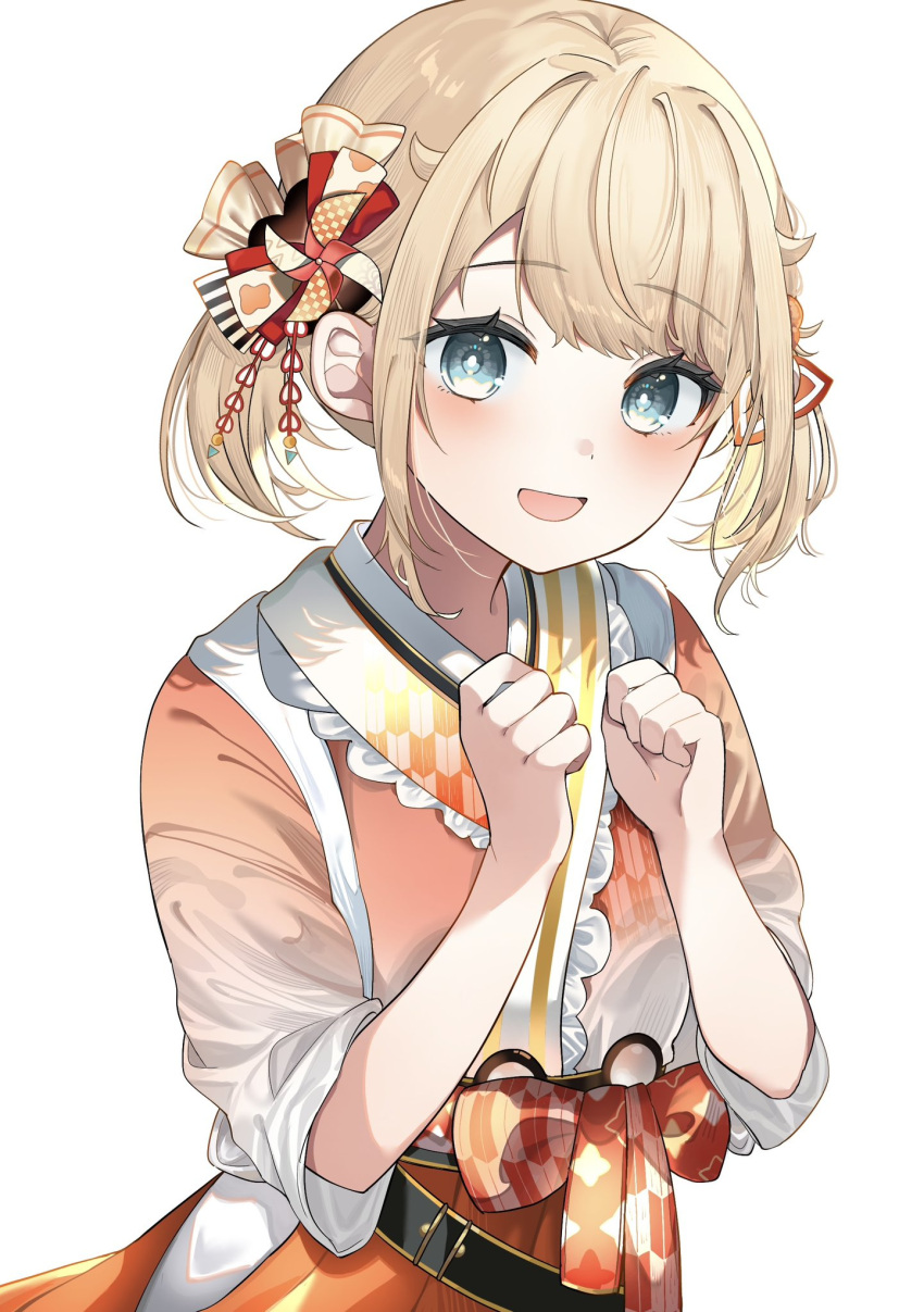 1girl blonde_hair blue_eyes blush bow bright_pupils clenched_hand frilled_kimono frills hair_bow hair_ornament hakama hakama_skirt highres hololive japanese_clothes kanzashi kazama_iroha kazama_iroha_(new_year) kimono obi official_alternate_costume official_alternate_hairstyle open_mouth orange_hakama orange_kimono orange_skirt parted_hair pinwheel_hair_ornament print_kimono sash short_hair sidelocks simple_background skirt sleeves_rolled_up smile solo swept_bangs tasuki tsumami_kanzashi twintails upper_body virtual_youtuber w_arms white_background white_pupils yagasuri yoshioka_(today_is_kyou)