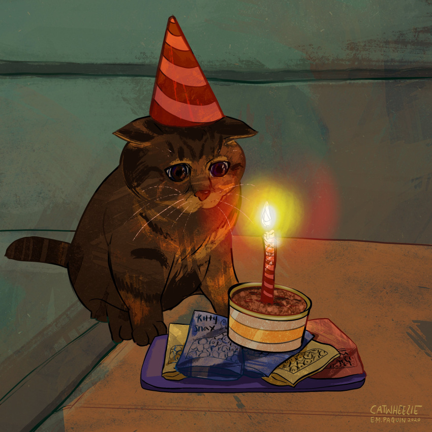 2020 absurd_res ambiguous_gender bag birthday can candle cat_food catwheezie clothing container domestic_cat felid feline felis feral fire food fur hat headgear headwear hi_res mammal party_hat pet_food signature solo tuft whiskers