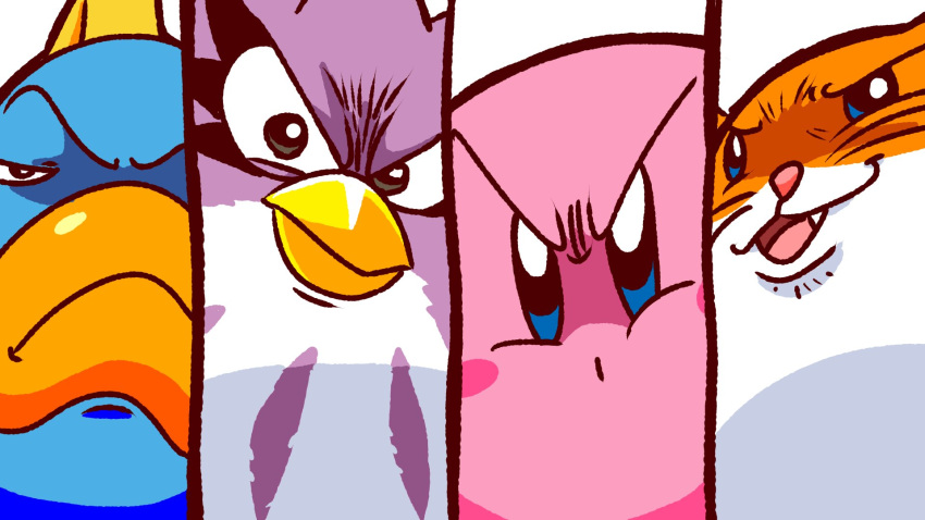 beak blush_stickers colored_skin coo_(kirby) fang fish frown highres kine_(kirby) kirby kirby's_dream_land_2 kirby_(series) looking_at_viewer no_humans pink_skin rick_(kirby) v-shaped_eyebrows yutakunatu