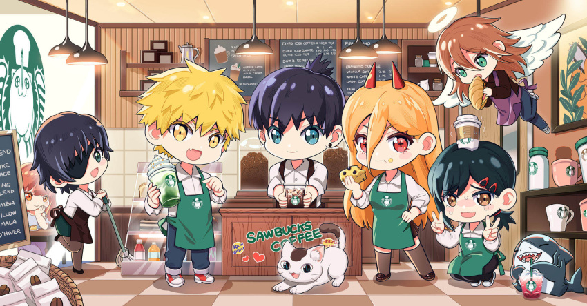 3boys 4girls androgynous angel_devil_(chainsaw_man) angel_wings apron barista basket black_hair blonde_hair blue_eyes brand_name_imitation brown_eyes brown_hair brown_thighhighs cake cat chainsaw_man chibi coffee_cup croissant cross-shaped_pupils cup denji_(chainsaw_man) disposable_cup double_v earrings eating eyepatch food food_in_mouth food_on_face green_apron green_eyes hair_between_eyes hair_ornament hairclip halo hand_on_own_hip hayakawa_aki higashiyama_kobeni highres horns jewelry kiunchiku logo_parody makima_(chainsaw_man) meowy_(chainsaw_man) mop mug multiple_boys multiple_girls object_on_head pochita_(chainsaw_man) pointing power_(chainsaw_man) purple_apron red_eyes red_hair red_horns ringed_eyes shark shoes short_hair sneakers squatting standing standing_on_one_leg starbucks stud_earrings sweat symbol-shaped_pupils thighhighs v whiskers wings yellow_eyes