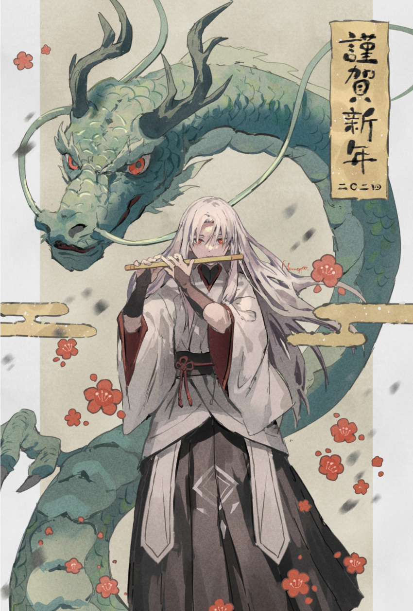 1boy chinese_zodiac commentary_request dragon eastern_dragon flower flute grey_hair highres instrument japanese_clothes long_hair looking_at_viewer male_focus memeppo nengajou new_year original playing_flute red_eyes red_flower signature solo very_long_hair wide_sleeves year_of_the_dragon