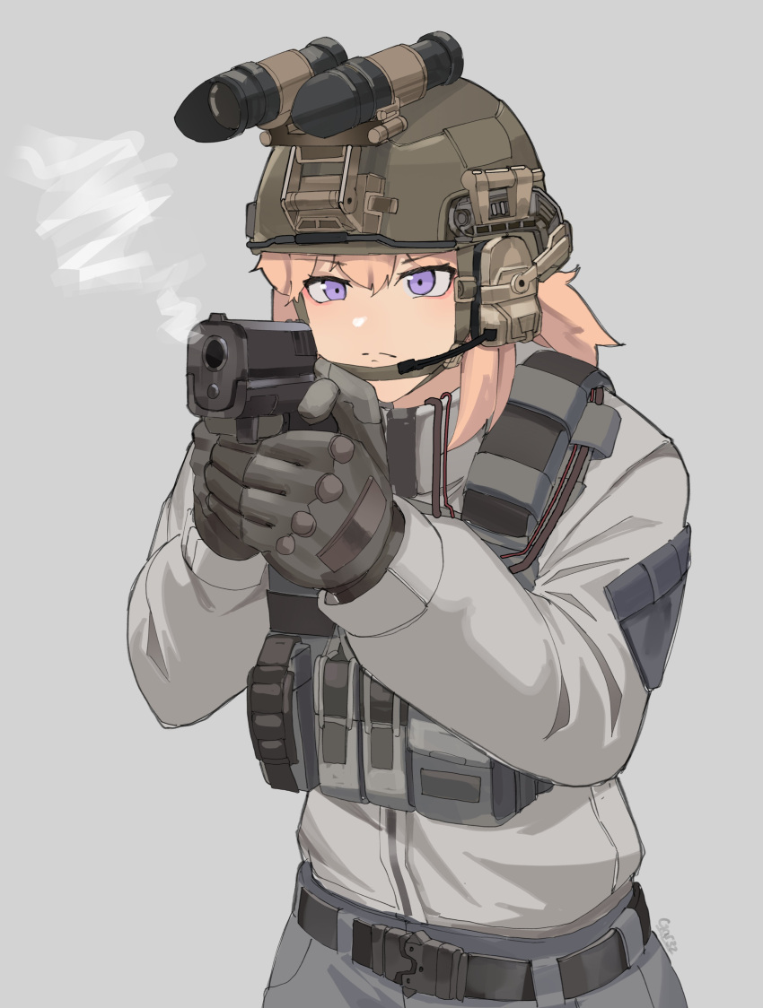 1girl absurdres blonde_hair blue_eyes blue_pants brown_headwear combat_helmet gar32 gloves green_gloves grey_jacket gun h&amp;k_usp handgun helmet highres indie_virtual_youtuber jacket military_uniform pants serious sketch smoke smoking_gun solo uniform weapon whiskey_project